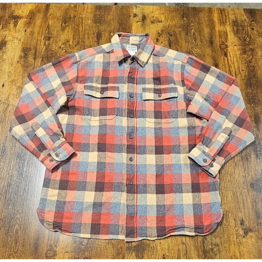 LL Bean Mens Large Traditional Fit Flannel Shirt Plaid Cotton Red Blue 277981